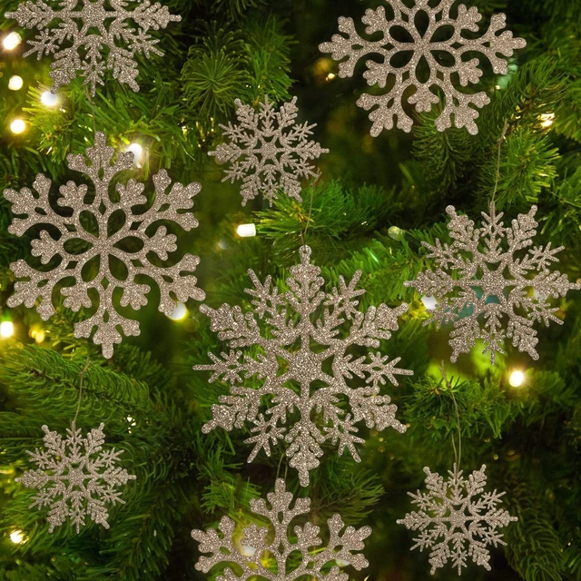 Main image of Glitter Snowflake Ornaments for Christmas Tree Decorations | 36pcs, champagne gold, plastic, craft, various sizes, shatterproof, for indoor winter wonderland, Christmas party decoration