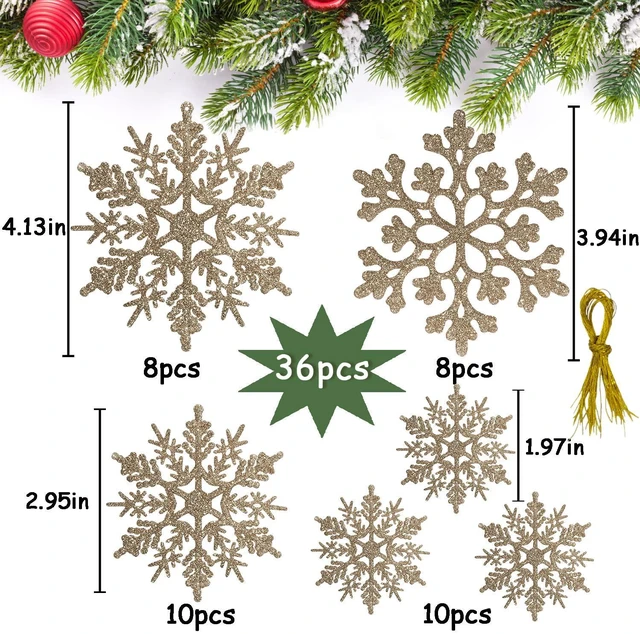Alt view image 3 of 7 - Glitter Snowflake Ornaments for Christmas Tree Decorations | 36pcs, champagne gold, plastic, craft, various sizes, shatterproof, for indoor winter wonderland, Christmas party decoration