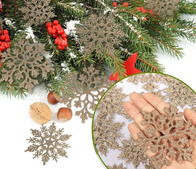 Alt view image 4 of 7 - Glitter Snowflake Ornaments for Christmas Tree Decorations | 36pcs, champagne gold, plastic, craft, various sizes, shatterproof, for indoor winter wonderland, Christmas party decoration