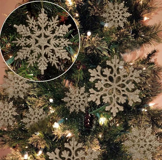 Alt view image 6 of 7 - Glitter Snowflake Ornaments for Christmas Tree Decorations | 36pcs, champagne gold, plastic, craft, various sizes, shatterproof, for indoor winter wonderland, Christmas party decoration