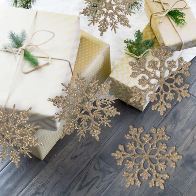Alt view image 7 of 7 - Glitter Snowflake Ornaments for Christmas Tree Decorations | 36pcs, champagne gold, plastic, craft, various sizes, shatterproof, for indoor winter wonderland, Christmas party decoration