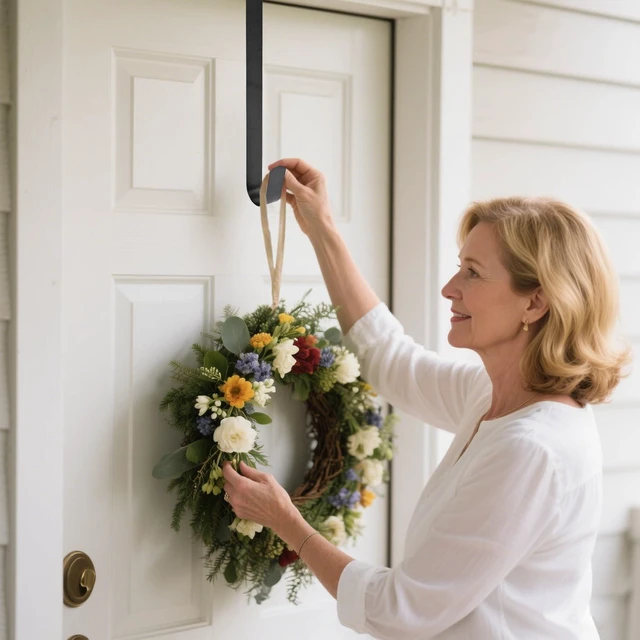 Alt view image 7 of 7 - 15" Wreath Hanger for Front Door, Over the Door Wreath Hook | No drilling or screws. Protects doors, closes normally, holds 22 lbs for holiday & seasonal décor. White,1 Pack
