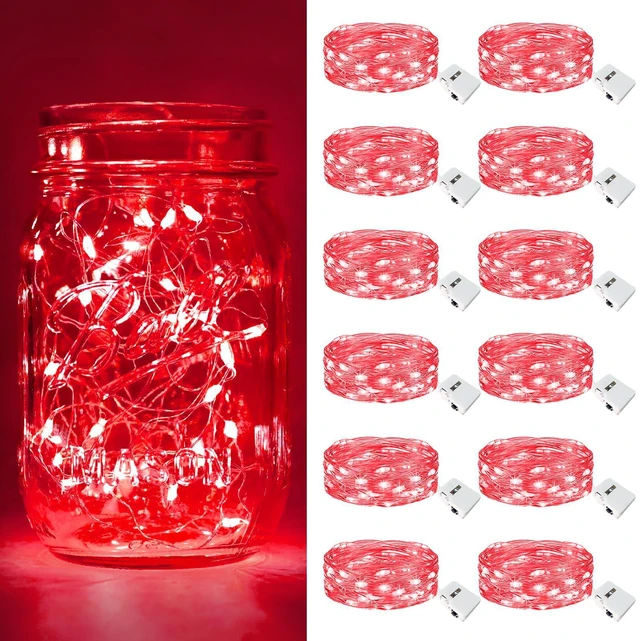 Main image of 12 Pack Fairy Lights Battery Operated Twinkle Lights with 3 Modes | 7Ft 20 Led String Light, Waterproof Mini Silver Wire for Christmas Mason Jars Wedding Table Centerpiece, Red
