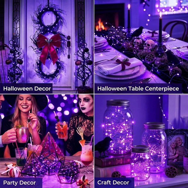 Alt view image 3 of 7 - 12 Pack Purple Halloween Fairy Lights Battery Operated with 3 Modes | 7Ft 20 Led Twinkle Lights, Waterproof, Bulk Mini Silver Wire for Mason Jars Spooky Party Table Centerpiece Decor