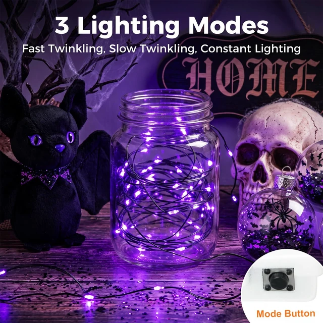 Alt view image 4 of 7 - 12 Pack Purple Halloween Fairy Lights Battery Operated with 3 Modes | 7Ft 20 Led Twinkle Lights, Waterproof, Bulk Mini Silver Wire for Mason Jars Spooky Party Table Centerpiece Decor