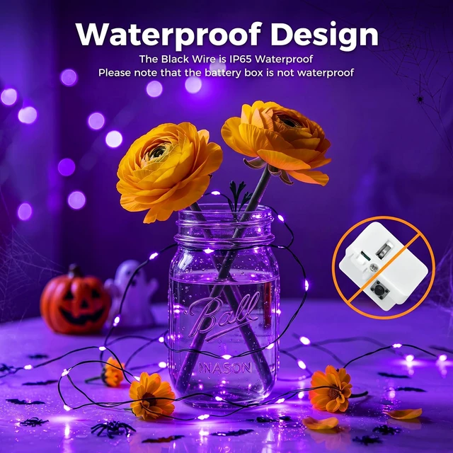 Alt view image 5 of 7 - 12 Pack Purple Halloween Fairy Lights Battery Operated with 3 Modes | 7Ft 20 Led Twinkle Lights, Waterproof, Bulk Mini Silver Wire for Mason Jars Spooky Party Table Centerpiece Decor