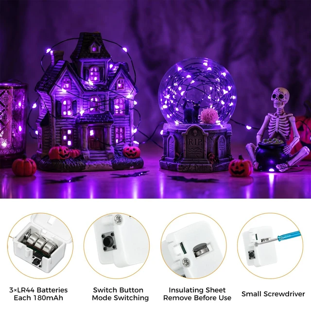 Alt view image 7 of 7 - 12 Pack Purple Halloween Fairy Lights Battery Operated with 3 Modes | 7Ft 20 Led Twinkle Lights, Waterproof, Bulk Mini Silver Wire for Mason Jars Spooky Party Table Centerpiece Decor