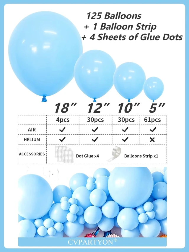 Alt view image 2 of 7 - Light Blue Balloons 125Pcs Different Sizes 18 12 10 5 Inch Balloon Arch Kit | Pastel Baby Blue Balloons with Balloon Tape & Glue Dots for Birthday Baby Shower Gender Reveal Graduation Party