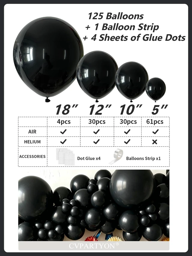 Alt view image 3 of 7 - Black Balloons 125pcs Different Sizes 18 12 10 5 Inch Black Balloon Arch | Black Balloons Garland Kit with Balloon Tape and Glue Dots for Birthday Graduation Casino Gaming Retirement Party Decorations