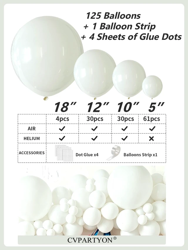 Alt view image 2 of 7 - White Balloons 125 Pcs Different Sizes 18 12 10 5 Inch Balloon Arch Kit | White Latex Balloons with Balloon Tape & Glue Dots for Birthday Baby Shower Bridal Shower Graduation Wedding Party Decoration