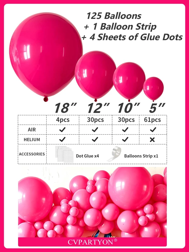 Alt view image 3 of 7 - Hot Pink Balloons 125 Pcs Different Sizes 18 12 10 5 Inch Balloon Arch Kit | Magenta Fuchsia Dark Pink Latex Balloons Garland for Birthday Baby Shower Bridal Shower Valentine's Day Party Decorations