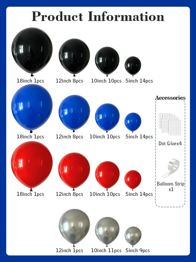 Alt view image 3 of 7 - Black Red Blue Balloon Arch Kit 120pcs Red Metallic Silver Latex Balloons | Different Sizes 18 12 10 5 Inch Balloons with Balloon Tape & Glue Dots for Boys Birthday Spider Theme Baby Shower Party