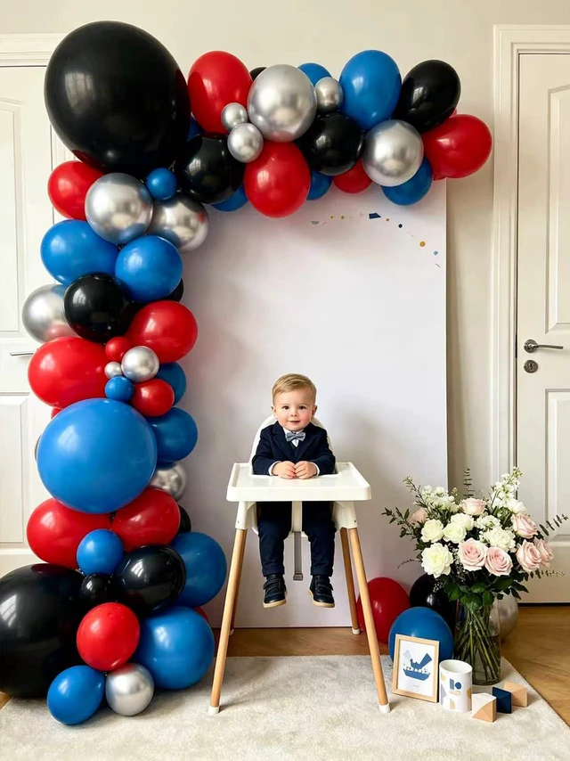 Alt view image 7 of 7 - Black Red Blue Balloon Arch Kit 120pcs Red Metallic Silver Latex Balloons | Different Sizes 18 12 10 5 Inch Balloons with Balloon Tape & Glue Dots for Boys Birthday Spider Theme Baby Shower Party