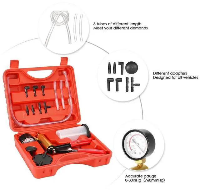 Alt view image 7 of 7 - Hand Held Vacuum Pressure Pump Tester Set Brake Fluid Bleeder Bleeding Kit &Box
