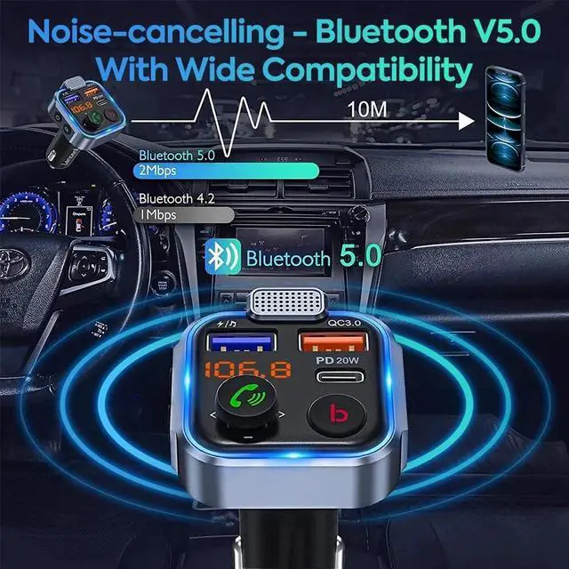Alt view image 5 of 7 - Bluetooth FM Transmitter Car Adapter 38W USB Charger Wireless Radio MP3 Handfree