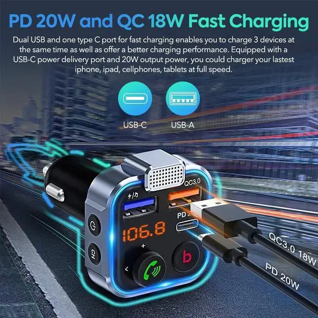 Alt view image 4 of 7 - Bluetooth FM Transmitter Car Adapter 38W USB Charger Wireless Radio MP3 Handfree