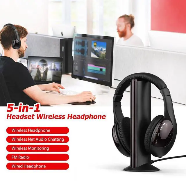 Alt view image 7 of 7 - 5 in 1 Wireless Cordless Headphones Headset with Mic for PC/TV/Radio Black M6V8