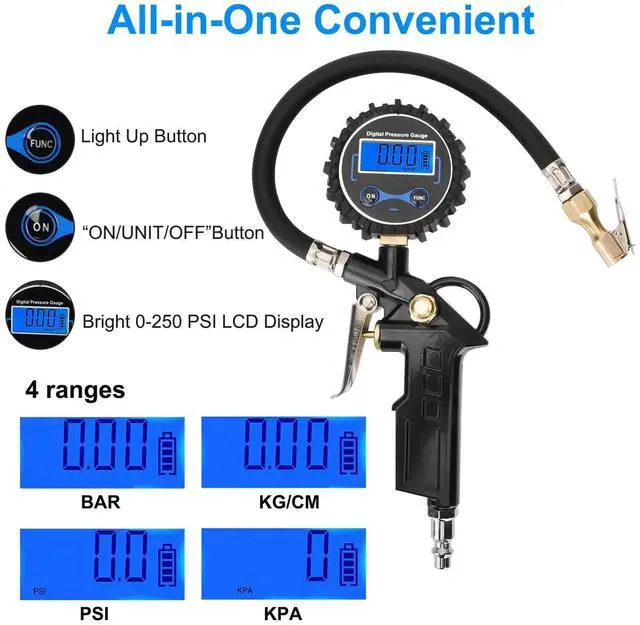 Alt view image 2 of 6 - LED Digital Tire Inflator Pressure Gauge Air Chuck 0-250 PSI for Truck/Car/Bike