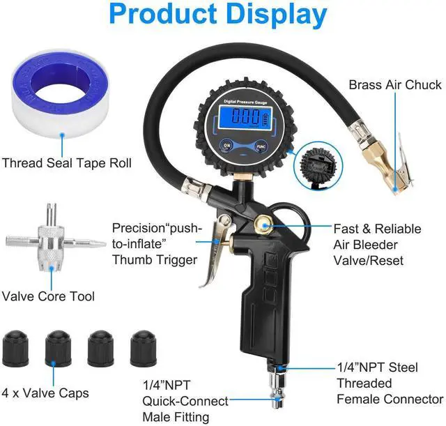 Alt view image 6 of 6 - LED Digital Tire Inflator Pressure Gauge Air Chuck 0-250 PSI for Truck/Car/Bike