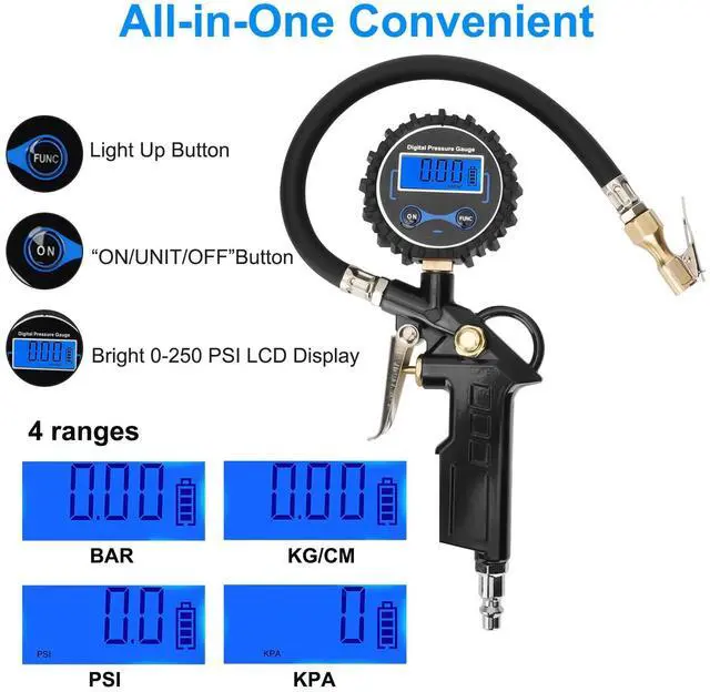 Alt view image 2 of 6 - Digital Tire Inflator Compressor Pressure Gauge 250 PSI Air Chuck for Truck/Car