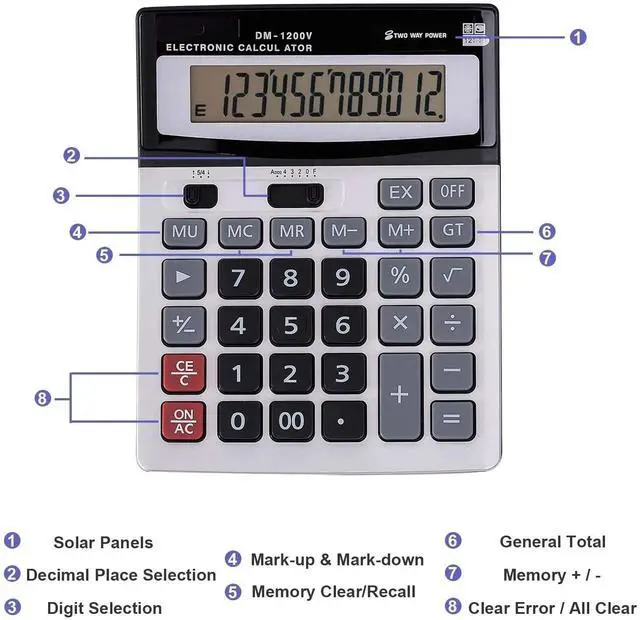 Alt view image 3 of 6 - 12-Digit Desktop Calculator Standard Function Dual Power Calculator Solar and AA
