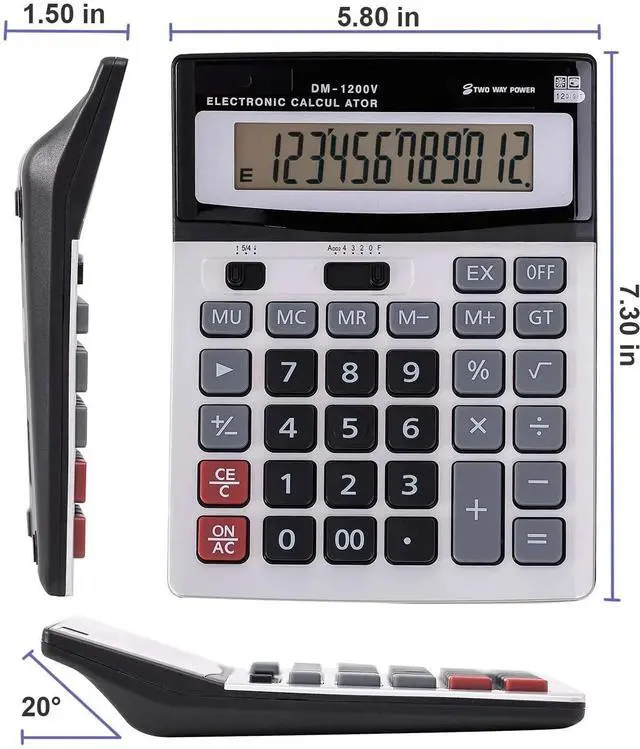 Alt view image 5 of 6 - 12-Digit Desktop Calculator Standard Function Dual Power Calculator Solar and AA