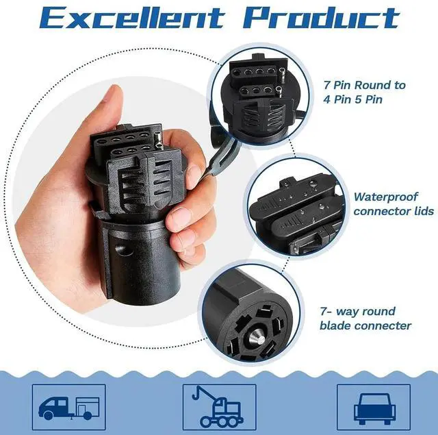 Alt view image 2 of 7 - 7 Way Round to 4/5 Pins Flat Trailer Adapter Wiring Plug For Truck RV Tow Lights