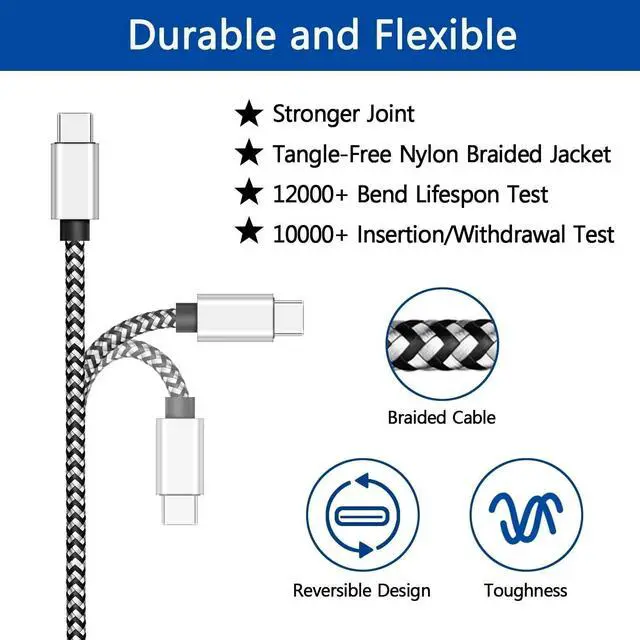 Alt view image 5 of 7 - 3-Pack red Braided USB C Type-C Fast Charging Data SYNC Charger Cable Cord 10FT