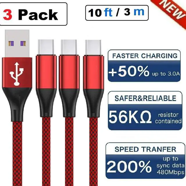 Main image of 3-Pack red Braided USB C Type-C Fast Charging Data SYNC Charger Cable Cord 10FT