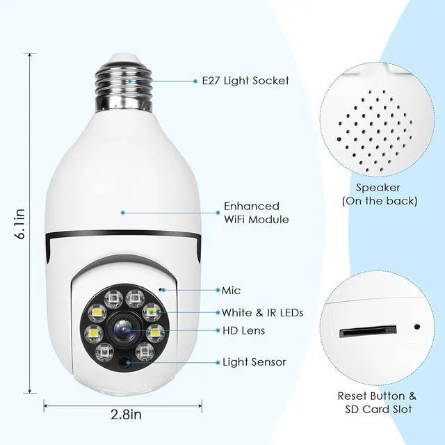 Alt view image 2 of 7 - 2MP Wireless Light Bulb Security Camera 2.4G WiFi Outdoor Home Bulb Camera 1080P