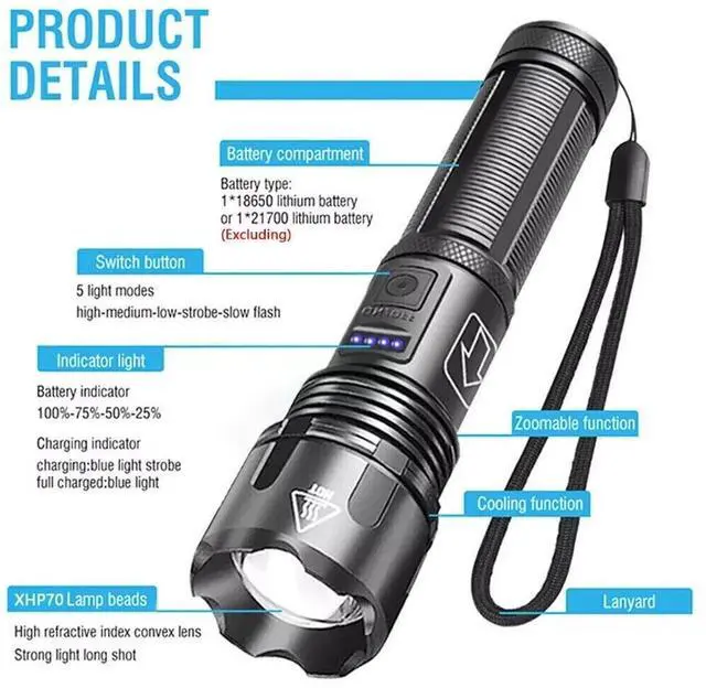 Alt view image 3 of 7 - Rechargeable 990000LM LED Flashlight Tactical Police Super Bright Torch Zoomable