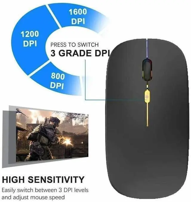Alt view image 4 of 7 - 2.4GHz Bluetooth Wireless Optical Mouse USB Rechargeable RGB Mice for PC Laptop Glossy Gray