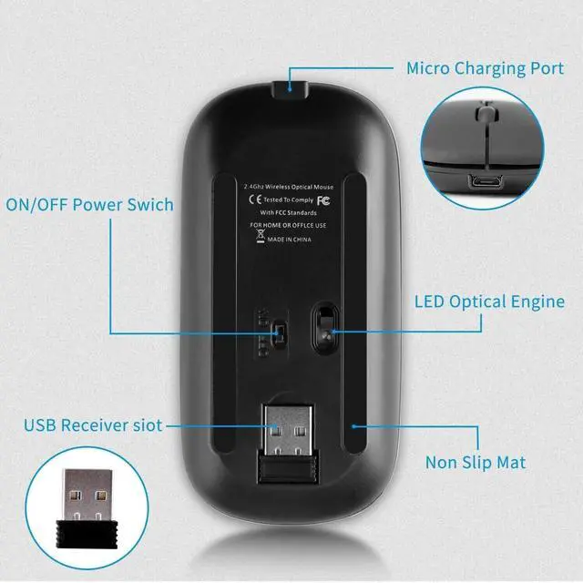 Alt view image 6 of 7 - 2.4GHz Bluetooth Wireless Optical Mouse USB Rechargeable RGB Mice for PC Laptop Glossy Gray