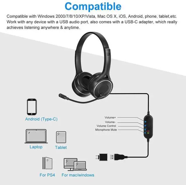 Alt view image 2 of 6 - USB Headset Built-in Noise Cancelling Microphones Stereo Wired Mic for PC Laptop