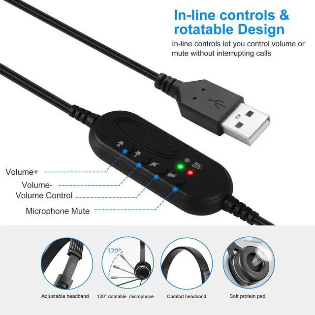 Alt view image 3 of 6 - USB Headset Built-in Noise Cancelling Microphones Stereo Wired Mic for PC Laptop
