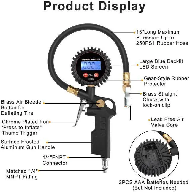 Alt view image 7 of 7 - LED Display Digital Tire Inflator Deflator Pressure Gauge for Truck/RV/Car/Bike
