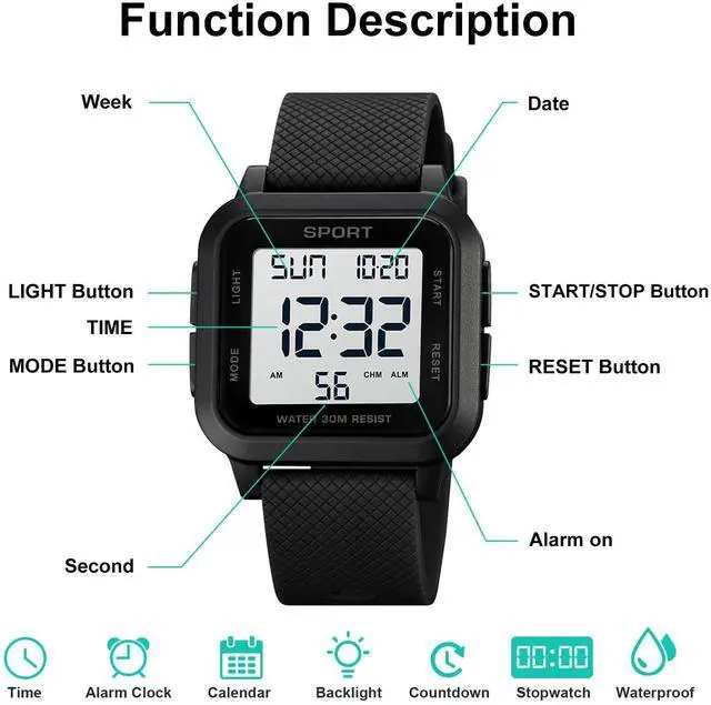 Alt view image 4 of 6 - Chronograph Men's Digital Sport Watch LED Large Army Military Quartz Waterproof