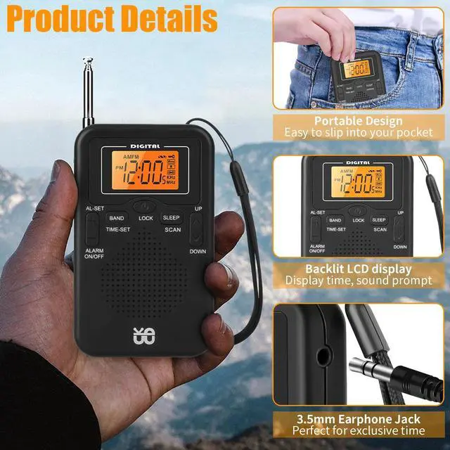 Alt view image 2 of 6 - Portable Pocket Emergency Digital AM FM Radio w/Speaker 3.5mm Jack Alarm Clock