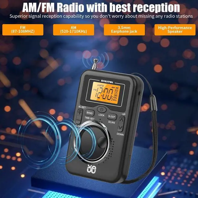 Alt view image 3 of 6 - Portable Pocket Emergency Digital AM FM Radio w/Speaker 3.5mm Jack Alarm Clock