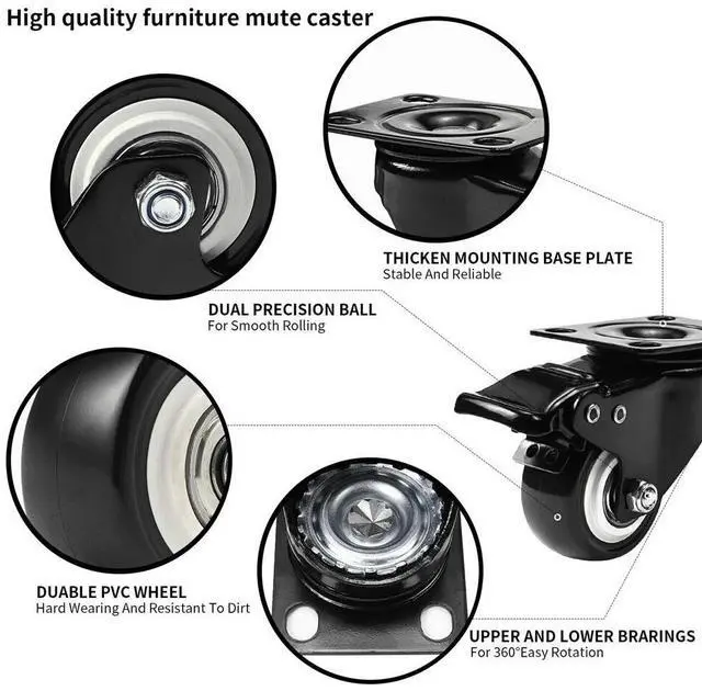 Alt view image 4 of 6 - Set of 4 Heavy Duty Swivel Casters with Lock Brakes 2inches Polyurethane Wheels