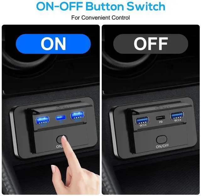 Alt view image 2 of 7 - 12V Dual USB QC3.0 & PD Port Car Fast Charger Socket Power Outlet On-Off Switch