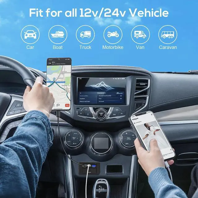 Alt view image 6 of 7 - 12V Dual USB QC3.0 & PD Port Car Fast Charger Socket Power Outlet On-Off Switch