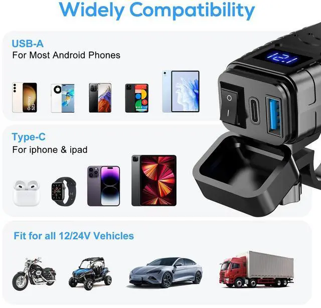 Alt view image 5 of 7 - QC 3.0 Motorcycle Dual USB Phone GPS Super Fast Charger Adapter LED Waterproof