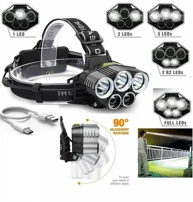 Alt view image 7 of 7 - Super Bright 5 LED Zoom Headlamp USB Rechargeable Headlight Head Torch