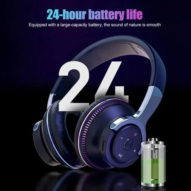 Alt view image 6 of 7 - Wireless Bluetooth 5.1 Headphones Over Ear LED Headset Stereo Noise Cancelling Blue