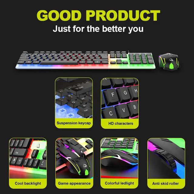 Alt view image 7 of 7 - Computer Desktop Gaming Keyboard and Mouse Mechanical Feel LED Light Backlit