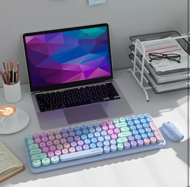 Alt view image 2 of 6 - Wireless Keyboard With Mouse Gradient Rainbow Colored Retro Typewriter