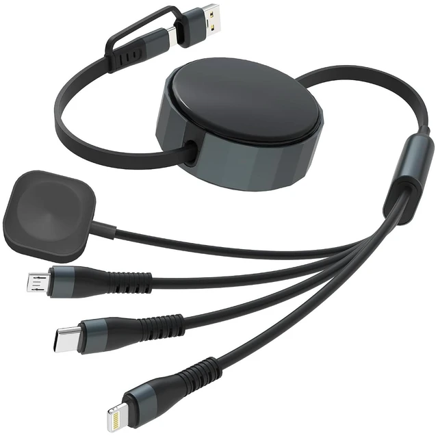 Main image of Retractable Multi Charging Cable for Watch - 100W Retractable 4-in-1 Multi Charging Cable with USB-C Lightning Micro USB & iWatch Port Portable Travel Charger Cord for iPad iPhone Android