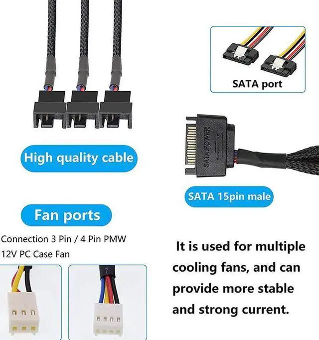 Alt view image 4 of 5 - SATA to 3 Pin 4 Pin Fan Sleeved Power Splitter Cable Adapter,15Pin SATA to 3 x TX3 / TX4 (PWM) 12V PC Case Fan Cooler Y Splitter Power Extension Cord - 10 Inch,Black
