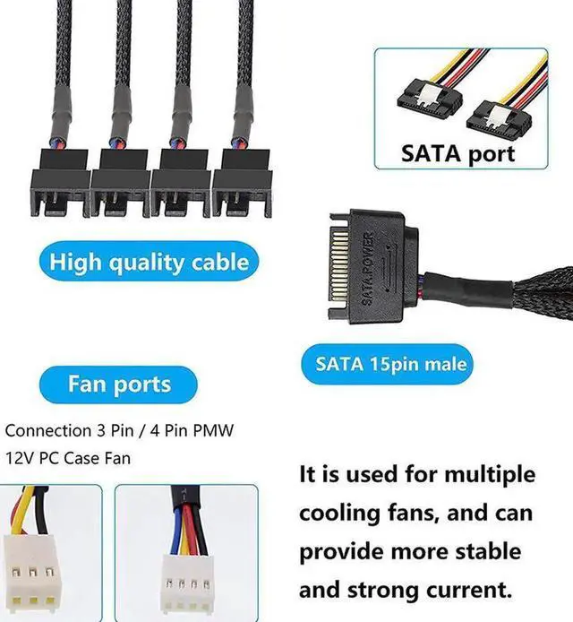 Alt view image 5 of 5 - ATA to 3 Pin 4 Pin Fan Sleeved Power Splitter Cable Adapter,15Pin SATA to 4 x TX3 / TX4 (PWM) 12V PC Case Fan Cooler Y Splitter Power Extension Cord - 10 Inch,Black